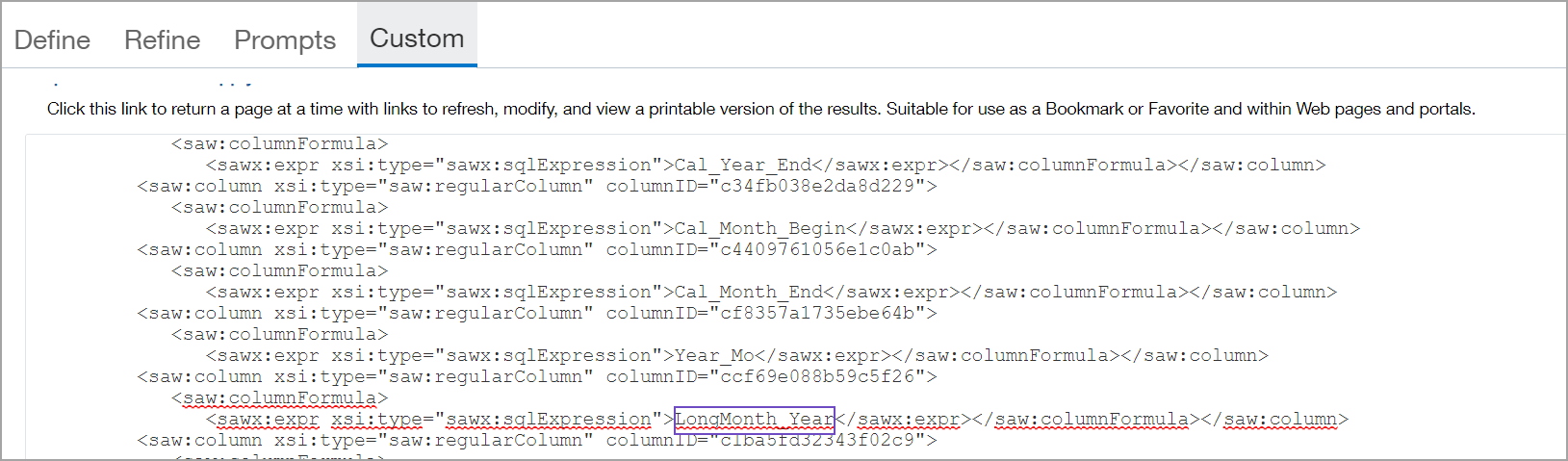 Example of changing a column name in the column definition section of the XML.