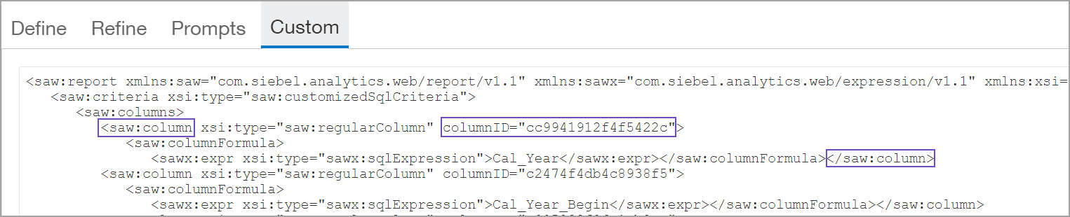An example of an XML column definition in the Apply XML pane on the Custom tab.