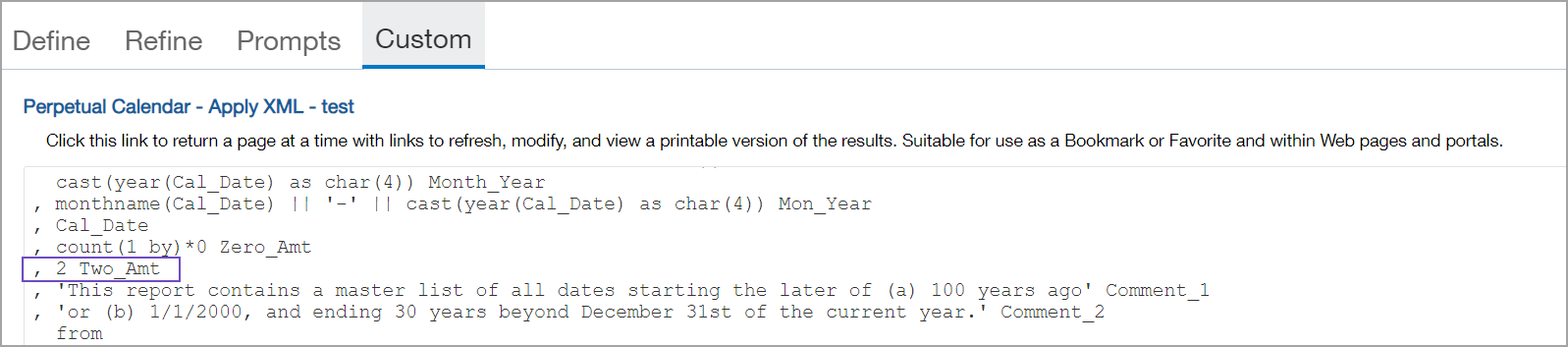 An example of adding a column to the SQL section of the XML in the Apply XML pane.