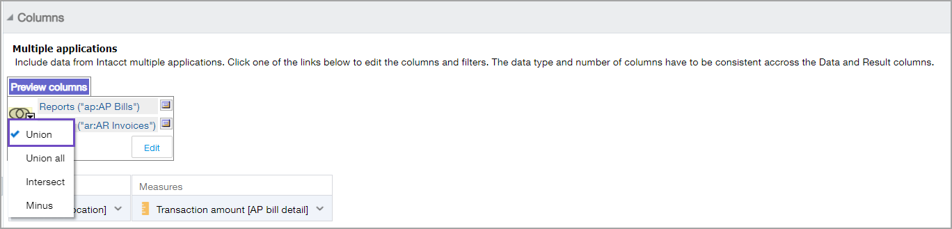 On the Define tab in the Columns pane, the Union option is selected from Preview columns menu. 