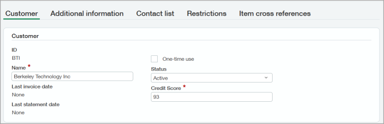 Customer tab The Customer tab showing information Berkeley Technology Inc (BTI) with a Credit Score of 93.