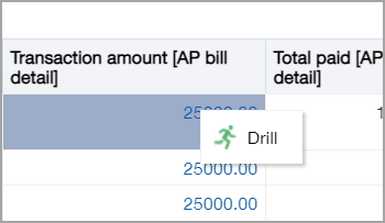 Select the Drill popup to further investigate data in the report.