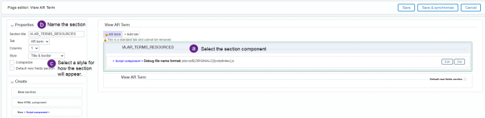 Page editor with the section component highlighted and its property options displayed. 