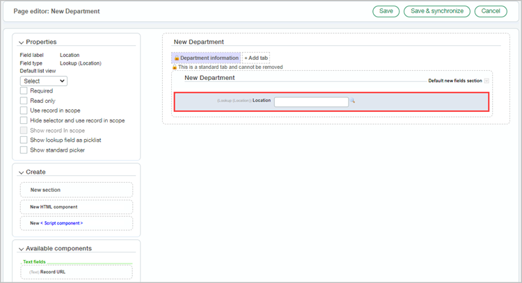Page editor with Location lookup section highlighted and the Show lookup field as picklist option displayed.