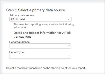 Step 1 in the Custom Report Wizard prompts you to select a primary data source, report audience, and report type for the report.