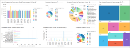 An IVE Projects Overview visual board containing 7 visualizations showing the break down of project completion for 13 projects, analyzing data with a variety of calculations.