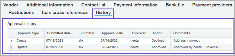 The history tab shows the when changes were submitted, the user who submitted them, the approver who reviewed the changes, and the action taken by the approver, and the date when these actions took place.