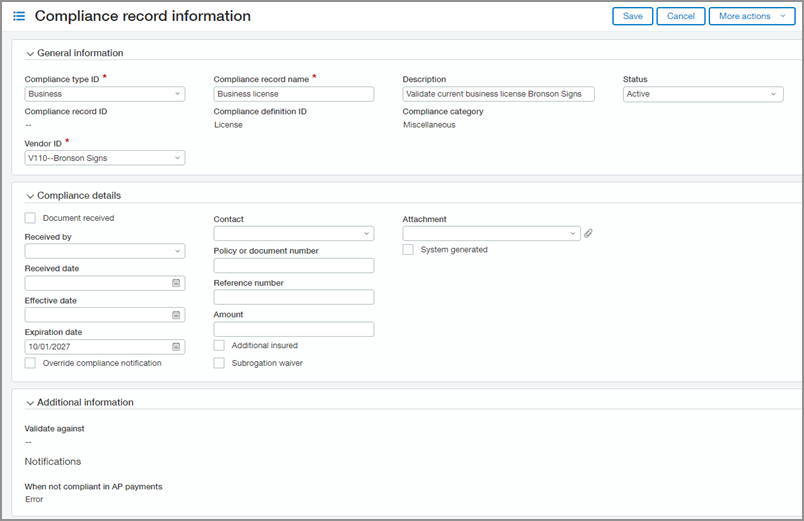 Compliance record information page.