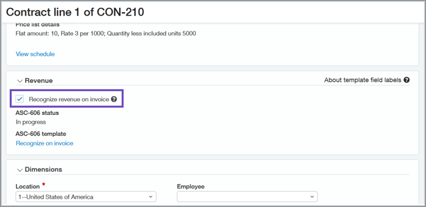 Shows the Recognize revenue on invoice field highlighted on the Contract line page.
