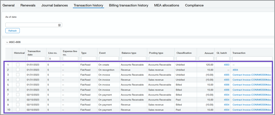 Shows the posting events highlighted on the Transaction history tab.