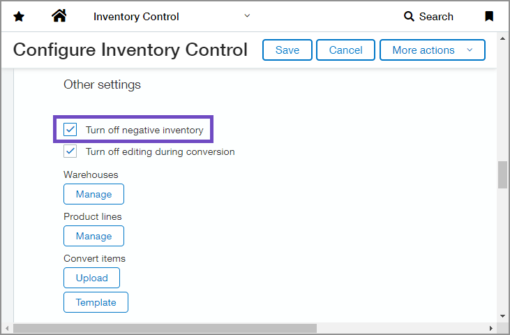 Configure Inventory Control page with Turn off negative inventory checkbox circled.