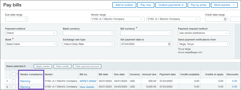 Pay bills page. In the list of bills, the second column header is Vendor compliance, and Warning appears in the column for the bills that are listed. 