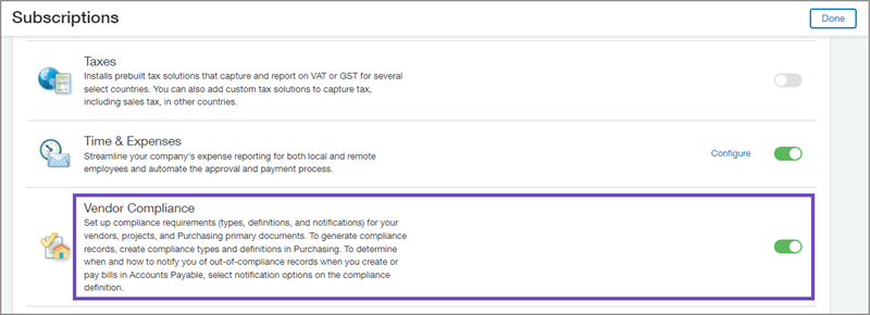 List of subscriptions with the Vendor Compliance subscription turned on.