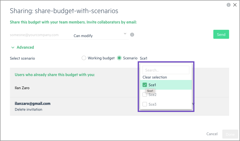 The Share-budgets-with-scenarios screen showing the dropdown list of scenarios that can be shared.