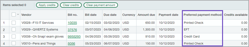 Preferred payment type column appears after the Payment date in the table that shows available bills to pay.