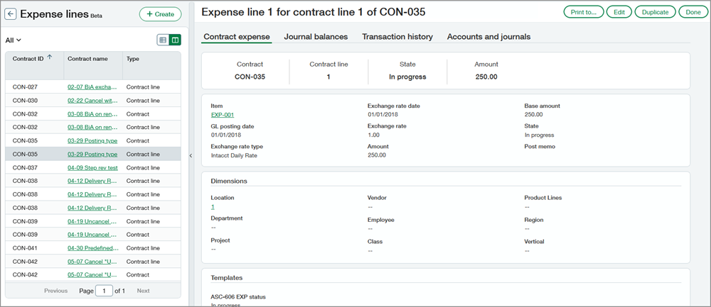 Expense list in split view. Shows list and record side-by-side.