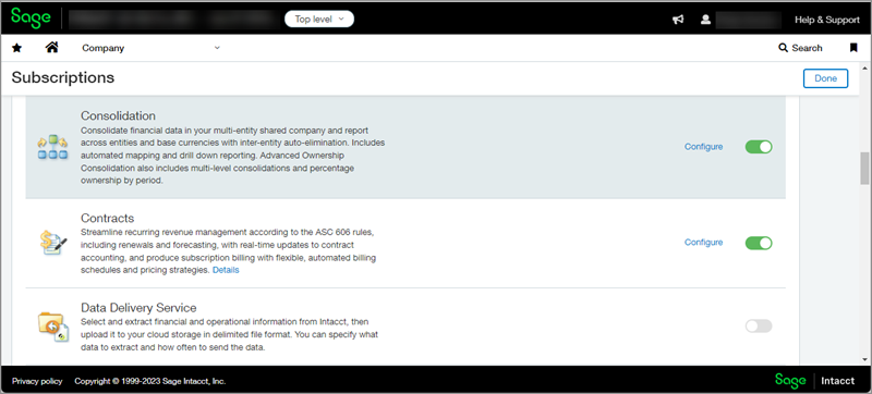 The Subscriptions page now includes a Consolidation subscription with a Configure link that takes you to the Configure Consolidation page.