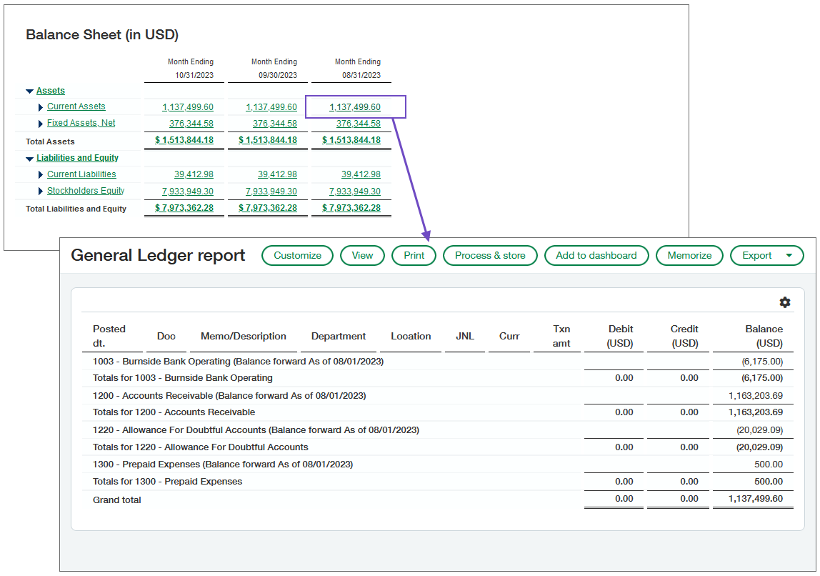 Example General Ledger report produced by drilling down from a stored financial report.