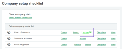 Company setup checklist page, with the Import New icon circled for Chart of accounts.