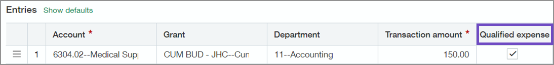 Entries grid with Qualified expense checkbox. 