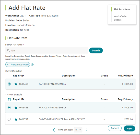 The Add Flat Rate screen used to add a flat rate price to a work order. 