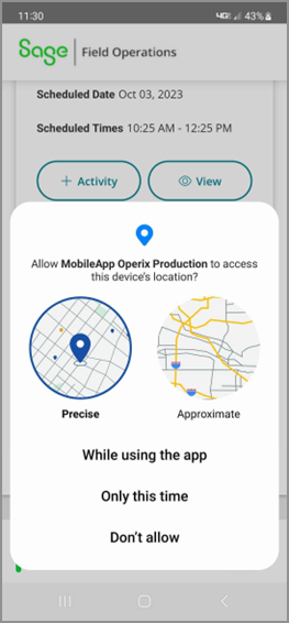 The screen in the mobile app where the user is asked to allow the app to access their location. 