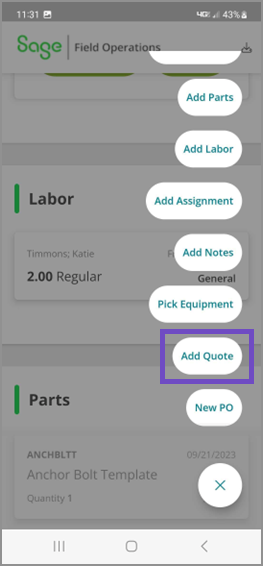 The screen in the mobile app where the user can tap Add Quote. 