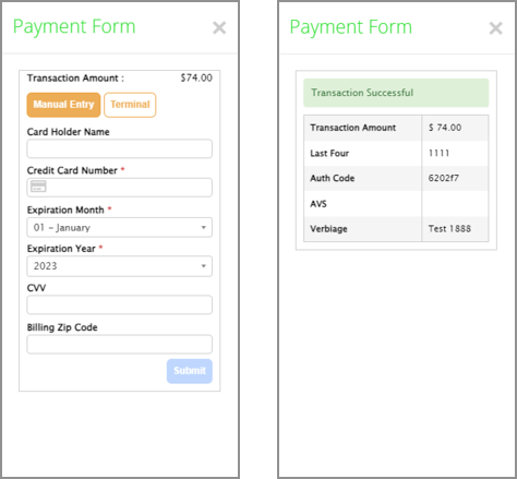 Two images of the mobile payment form. The first shows the screen where you enter credit card information. The second shows confirmation of a successful transaction and includes the amount and authorization code. 