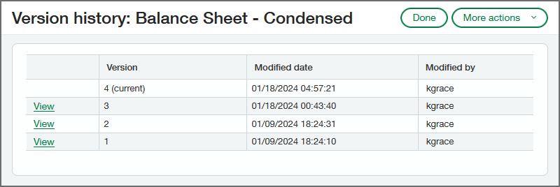 An example Version History page showing 3 previous versions, each with a View button beside it.