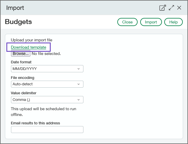 Page for importing budgets, with a circle around the new Download template link.