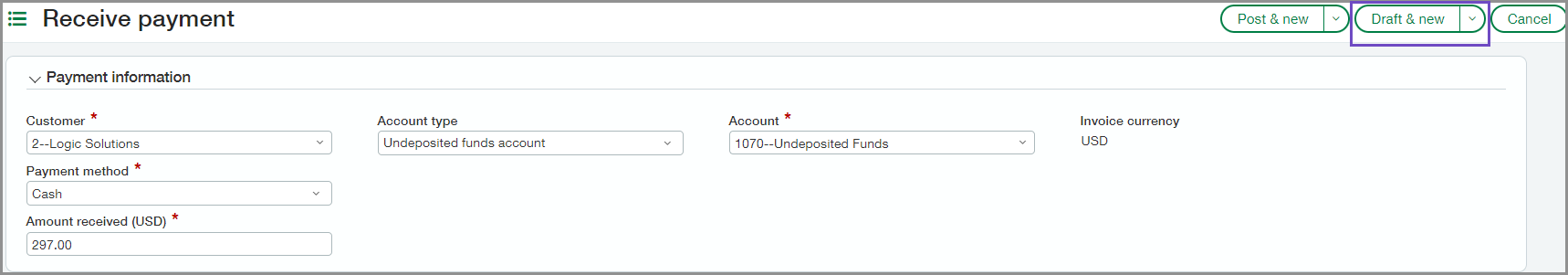 The Draft & new option is available on each of the Receive payment screens.