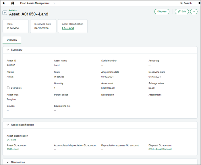 Asset details page for a nondepreciable asset