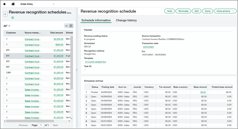 Shows the split view with the revenue schedule list on the left and the selected  revenue schedule record on the right.