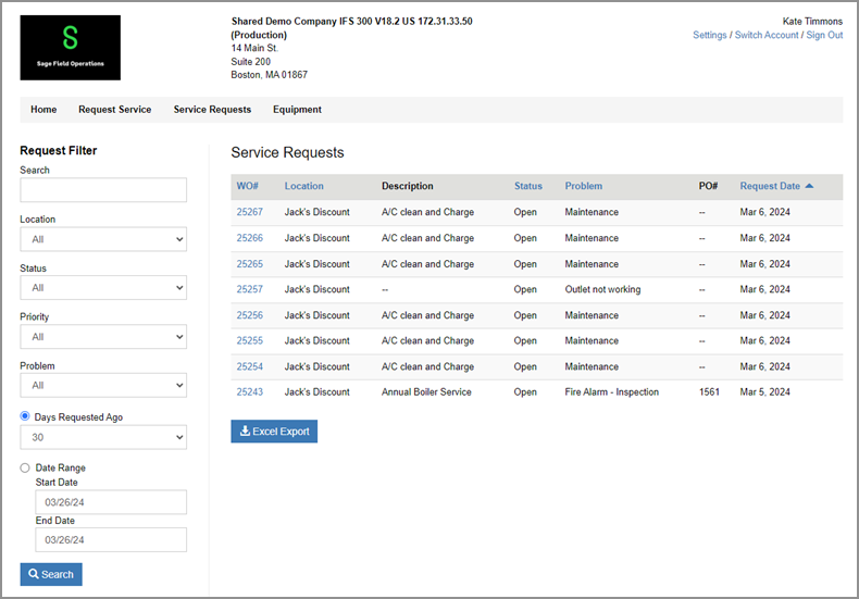 Customer Portal with the Service Requests tab selected.