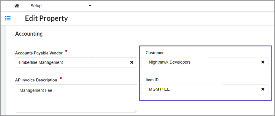 Accounting section of Edit Property page. The Customer and Item ID fields are circled. 
