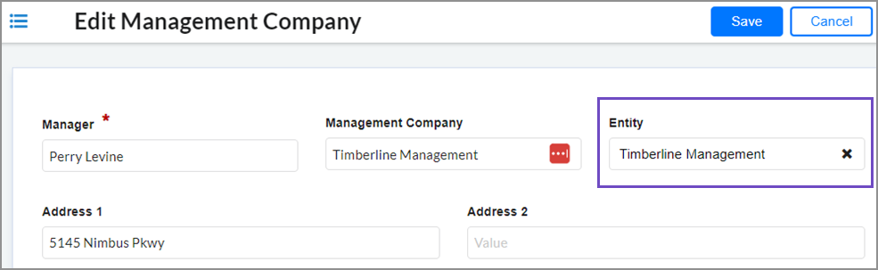 Edit Management Company page with Management Company and Entity fields circled.