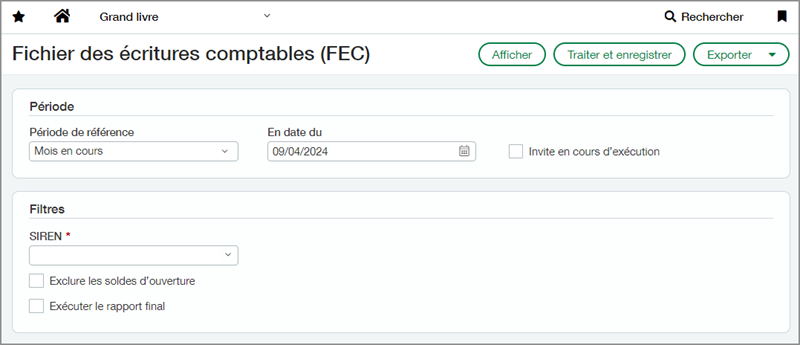 Screenshot of Accounting Entries File (FEC) configuration page.