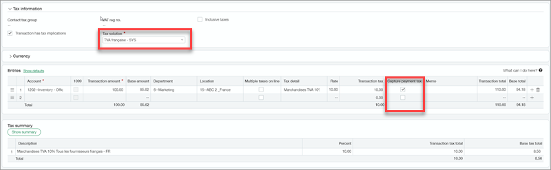 Screenshot of AP transaction with callouts for TVA Francaise tax solution and Capture payment tax checkbox (English)