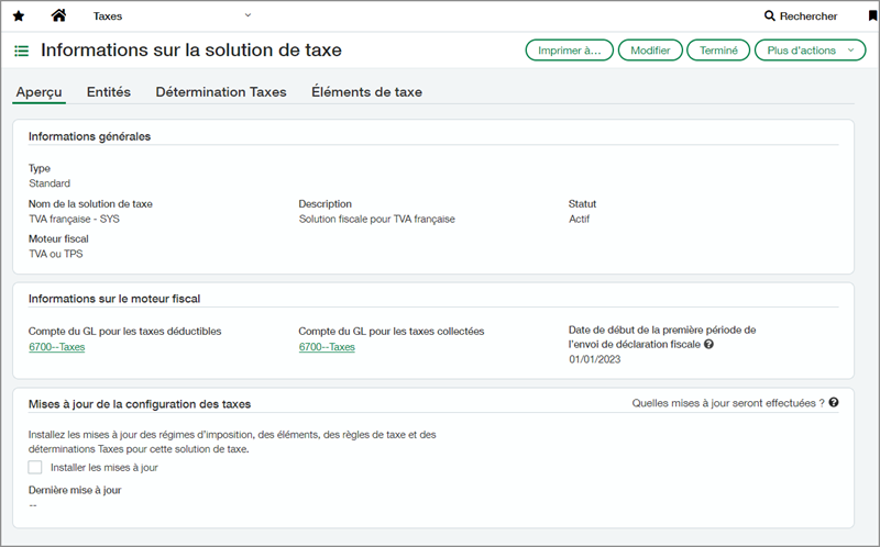 Screenshot of TVA - Francaise tax solution configuration page.