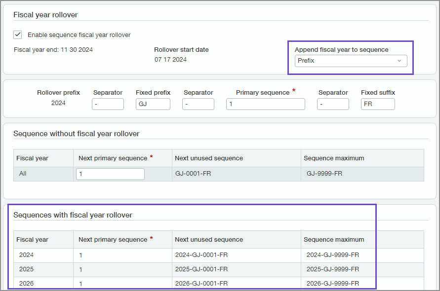 Document sequence information page with Prefix selected in the Append fiscal year to sequence field. 
