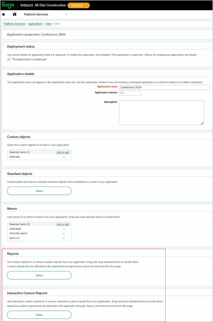 Highlighted selection options to add reports in the application properties page.
