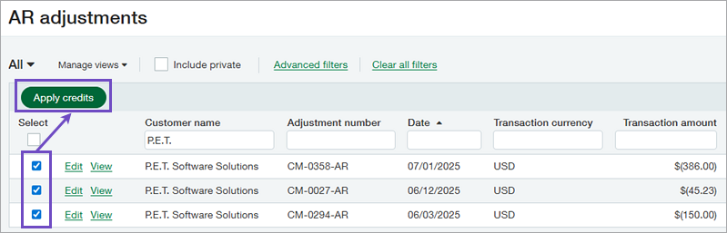 Select rows for the credits that you want to apply, then select the Apply credits button.