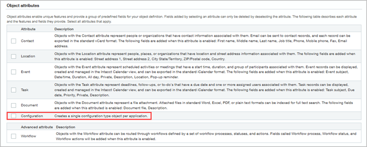 Object attribute options with the Configuration option outlined.