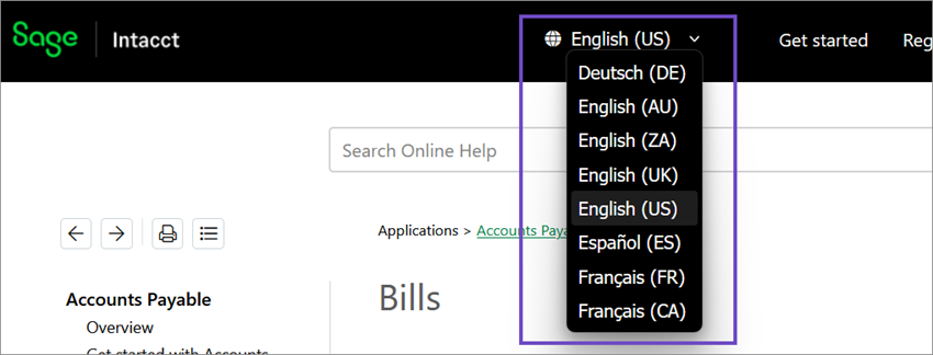 Shows the expanded language switcher in the top navigation bar of a help topic.