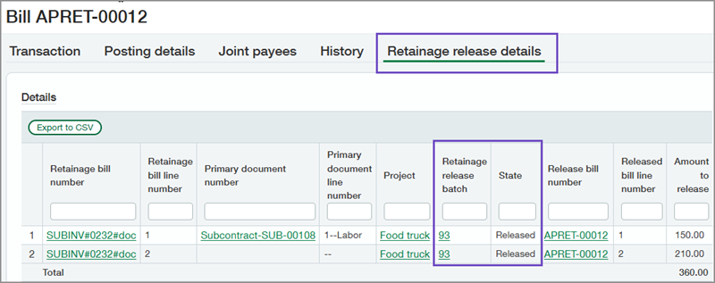 Bill details page showing Retainage release details tab