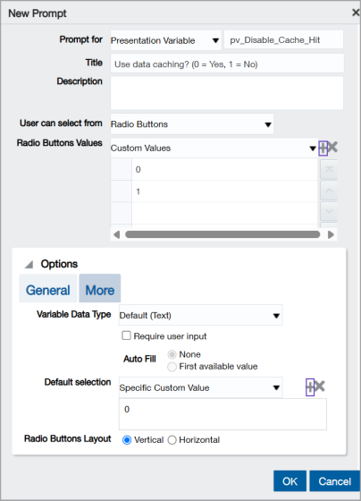 ICRW Prompt dialog with the settings to create a presentation variable prompt to switch the data caching status for a report.