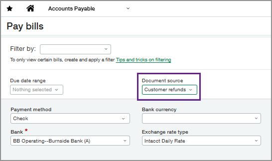 The Pay bills page with the new filter for Document source with Customer refunds selected.