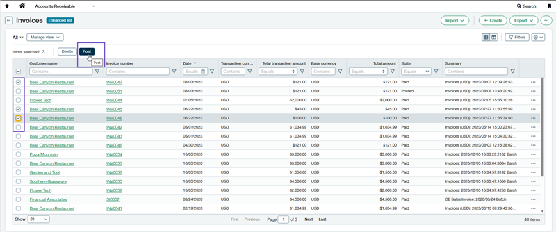 AR Invoices page with several invoices selected, indicating where the Post button is located.