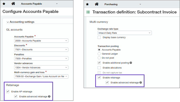 Retainage settings highlighted in Accounts Payable configuration and Purchasing transaction definitions
