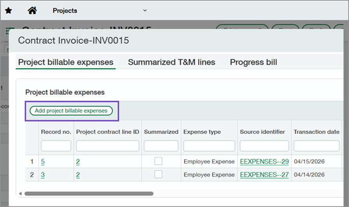 Project contract invoice with Add project billable expenses button highlighted